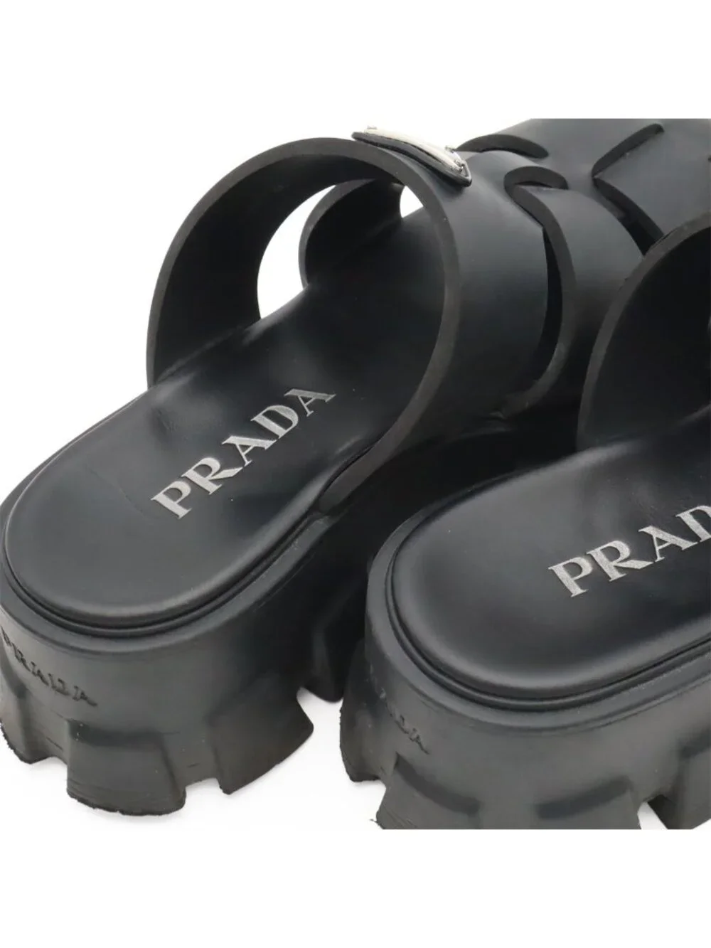 Prada Triangle Logo Monolith Rubber Sandals Platform Nero Black